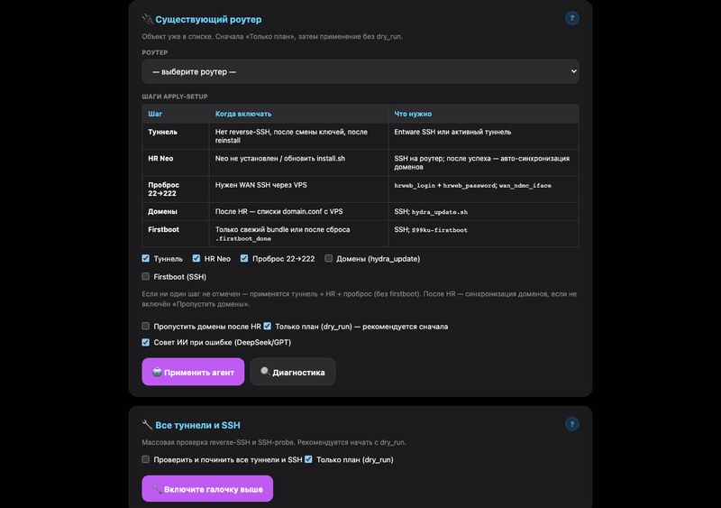 Блок «Существующий роутер»: шаги apply-setup, галочка dry_run и «Совет ИИ при ошибке»