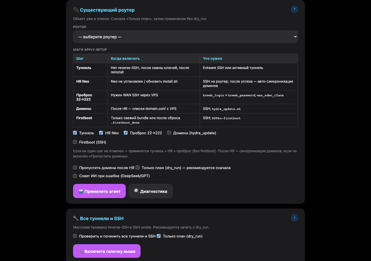 Существующий роутер: шаги apply-setup и dry_run